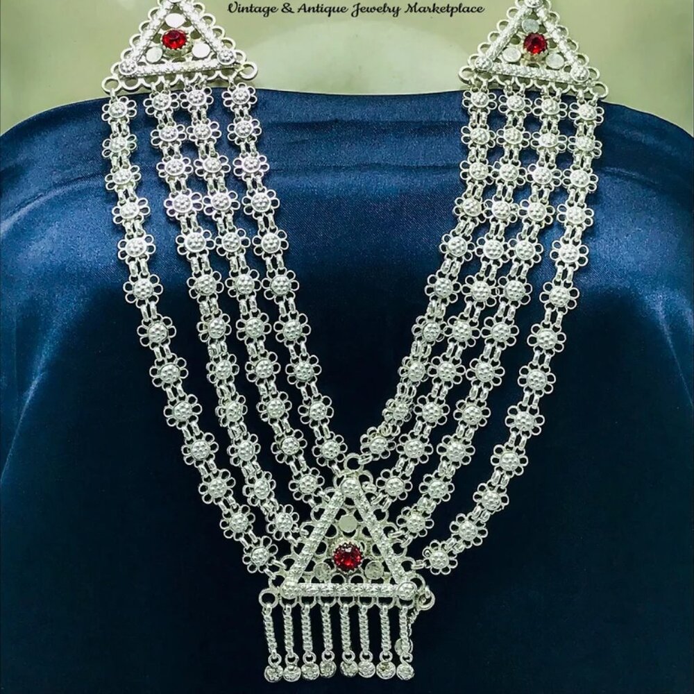 Multilayer Bib Necklace With Pendant, Afghan White Necklace, Kuchi Jewelry